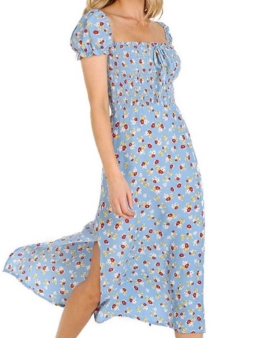 Faithful The Brand Castilo Dress 4 Blue Floral Smocked Midi Y2K Cottage Core